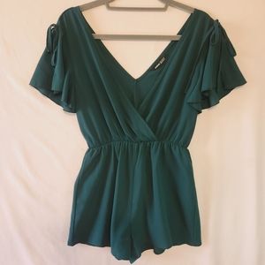 Green Surplice Vneck Shorts Romper